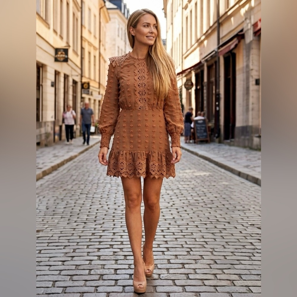 Just Me Boho Swiss Dot Crochet Lace Ruffled Hem Party Mini Dress Cognac Size M - Picture 6 of 15